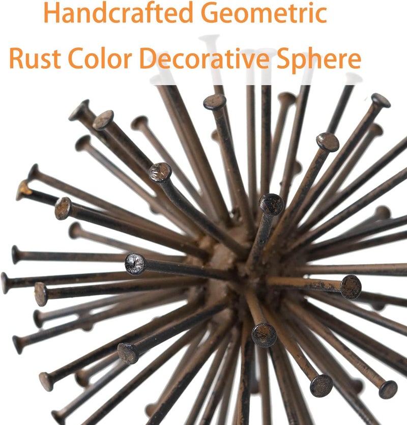 TICKCACY Metal Starburst Sculpture, Spike Tabletop Decorative Sphere, Small Abstract Geometric Urchin Decor Ball, Rusty Iron Table Top Decoration Orb for Home Living Room Bedroom Office Shelf - Image 4